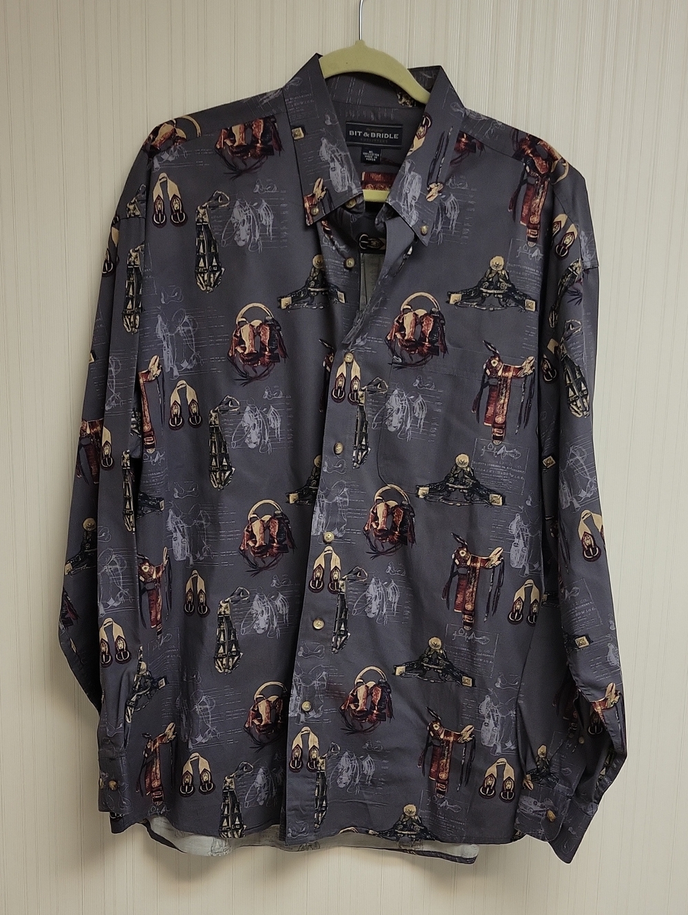 Bit & Bridle Men's Gray Printed Button-Up Shirt XL Cowboy Western Country
